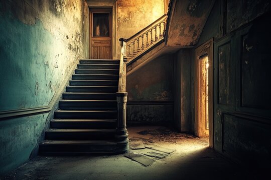 Decayed grandeur of an abandoned mansion's interior. Sunlight streams into a dimly lit hallway and staircase
