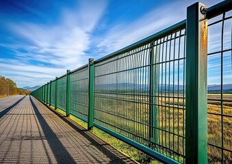 Obraz premium A wide road with a green metal mesh guardrail on the side, a flat road surface next to the guardrail, and open fields and a blue sky in the distance.
