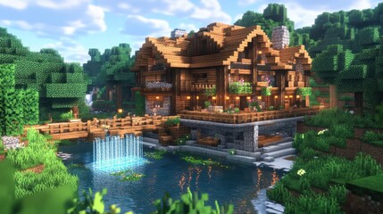 Obraz premium Luxurious wooden house by a river in a lush forest.