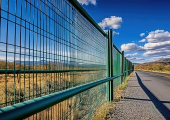 Fototapeta premium A wide road with a green metal mesh guardrail on the side, a flat road surface next to the guardrail, and open fields and a blue sky in the distance.