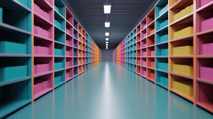 Fototapeta premium Colorful Shelves Form a Vibrant Aisle in a Modern Library Interior with Bright Lighting and Organized Space