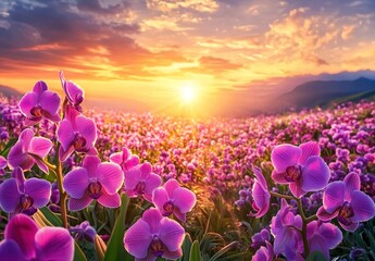 A field of blooming pink phalaenopsis orchids with a colorful sunset-hued sky in the background.