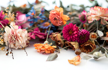 Delicate dried flowers on rustic table surface creating natural botanical still life with vintage and romantic atmosphere