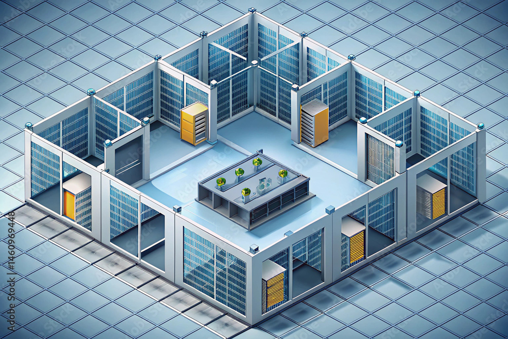 Poster isometric view of modern data center with server racks and plants