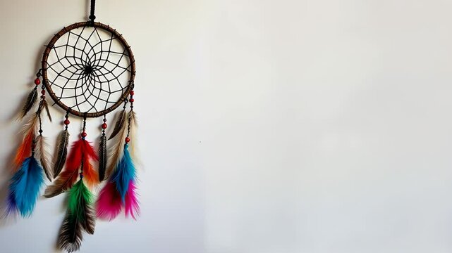 Dreamcatcher with colorful feathers and intricate web design for calm and mystical experience.