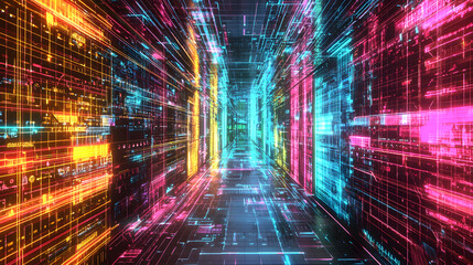 Fototapeta premium Digital Highway: An immersive tunnel of data streams ablaze with vibrant, neon lights, symbolizing the boundless realms of technology and the intricate architecture of the digital world.