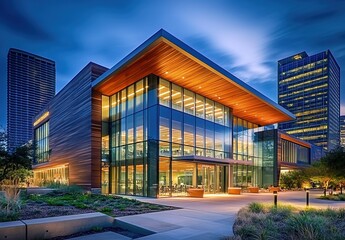 Obraz premium Modern building with glass windows, wooden elements at dusk, surrounded by skyscrapers.