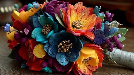 The image shows a bundle of vibrant blossoms. Many of the petals are made from rolled strips, while others are solid