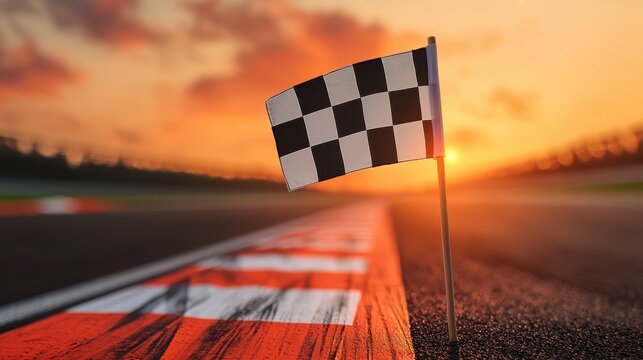 Checkered flag at racetrack during sunset with vibrant colors and dynamic atmosphere in the background