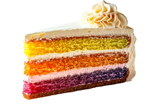 Slice of rainbow layer cake with icing, cut out transparent