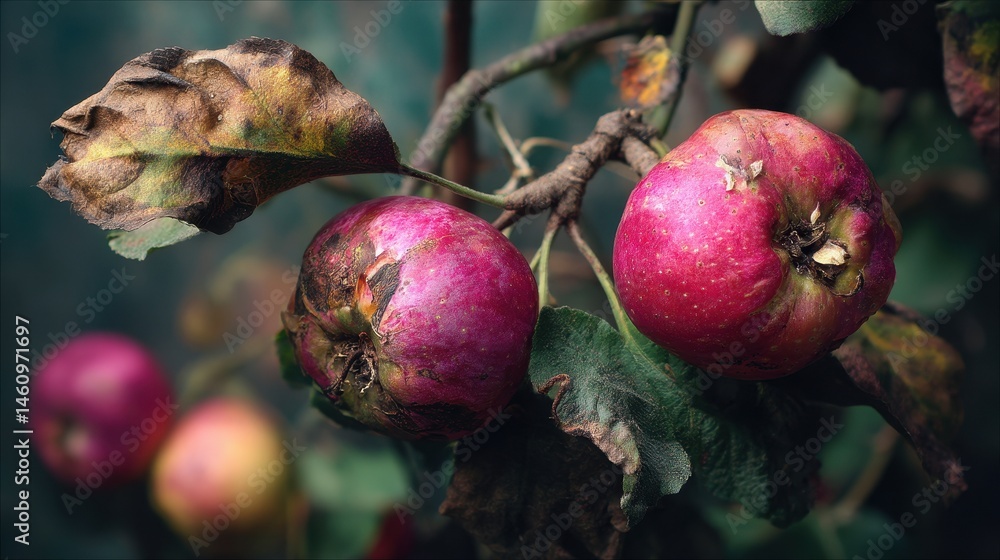 Poster close-up view of two withered apples on a branch.