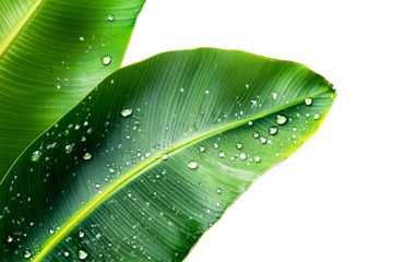 Tropical leaf texture with water drops, isolated, cut out transparent