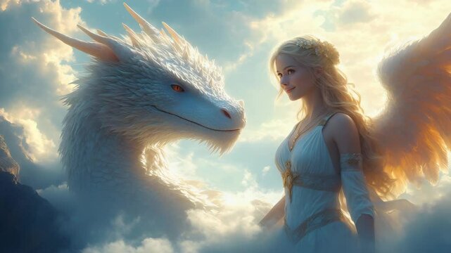 Beautiful angle and her white dragon , paradise bacgkround , 4K video.