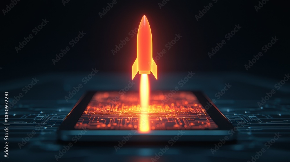 Poster futuristic rocket launching from tablet device surrounded by circuit patterns in digital concept