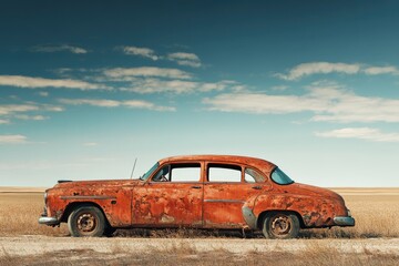 Rusty antique car parked in a vast field under a partly cloudy sky