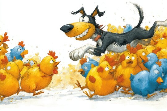 A playful dog chasing a flock of chickens.