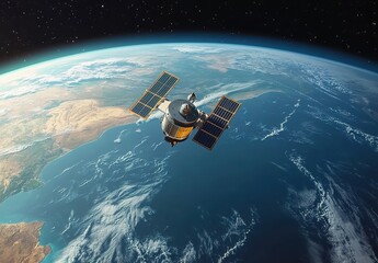 Obraz premium A satellite in Earth's orbit with part of Earth's surface in the background, showing oceans and land, with stars in the sky.