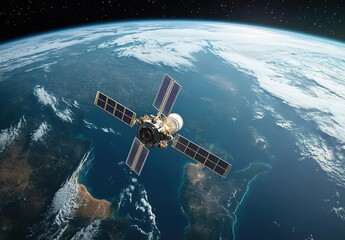 Obraz premium A satellite in Earth's orbit with part of Earth's surface in the background, showing oceans and land, with stars in the sky.