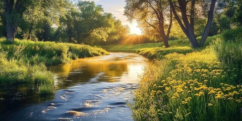 Fototapeta premium A river at sunset with lush green plants and trees on both banks, a cloudy sky, sunlight reflecting on the water, and wildflowers by the river.