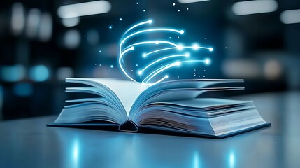 Open book with glowing digital network, knowledge