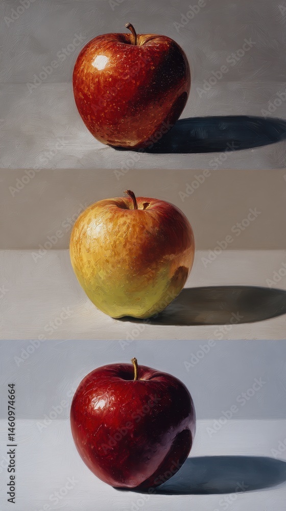 Poster three apples displayed in different lighting conditions.