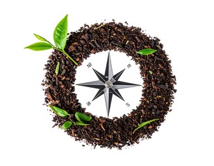 Dried Tea Leaves Compass Circle on White Background
