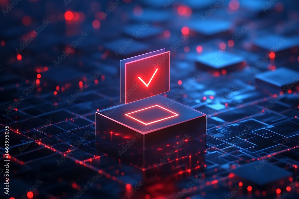 Poster digital authentication with glowing checkmark on electronic circuit backdrop