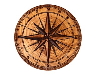 Intricate Wooden Compass Rose Carving on White Background