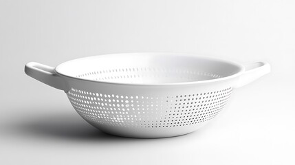 White plastic colander with kitchen utensil.