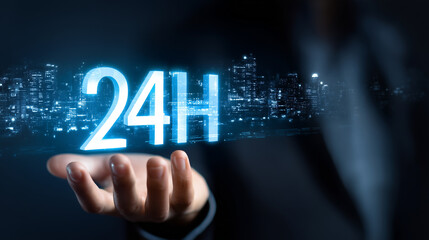 Businessman Futuristic Hand Holding with 24 hours of network communication to cope with the business world today.