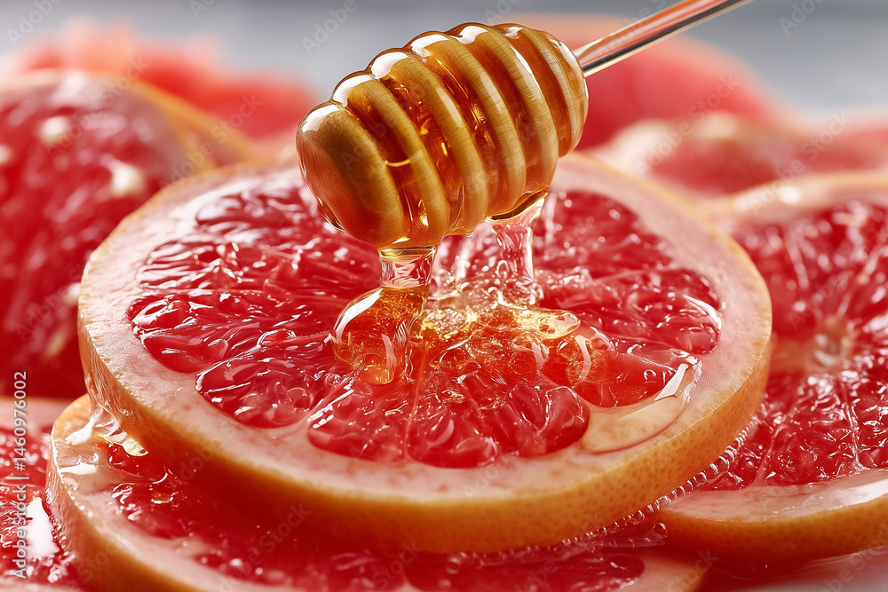 Poster honey drizzles over sliced grapefruit in photo-realistic style, emphasizing textures and colors. bri
