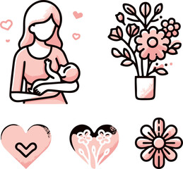 Mother's Day Illustration: Mom, Baby, Flowers & Hearts