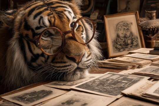 A tiger wearing glasses examines antique prints.
