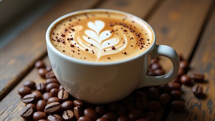 Close-up of a creamy latte in an ivory ceramic cup, topped with latte art and surrounded by roasted coffee beans on rustic wood—warm and inviting.