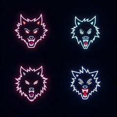 Obraz premium Set of Howling Wolf Head Icon Canine Mammal Haunted Werewolf Wild Beast Fantasy Predator Wildlife Neon Illustration