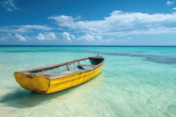 Naklejka premium Tranquil yellow boat on a serene turquoise beach