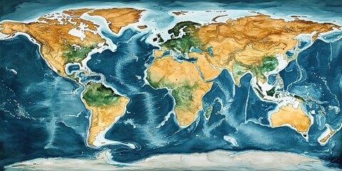 A watercolor world map with continents in earthy tones and oceans in blue. © 娜 赵