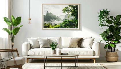 Misty Green Mountain Landscape in Minimalist Living Room