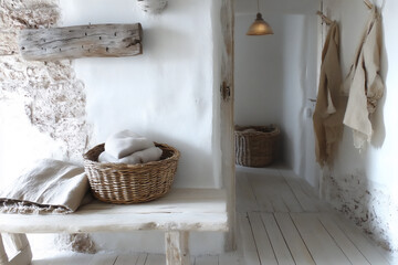 minimalist nordic hallway with light wood bench
