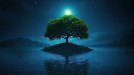 A full moon over a small island with a lush tree surrounded by calm water under a starry night sky.