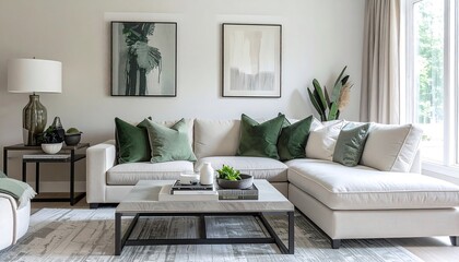 Modern Living Room with Off White Sectional Sofa and Green Pillows
