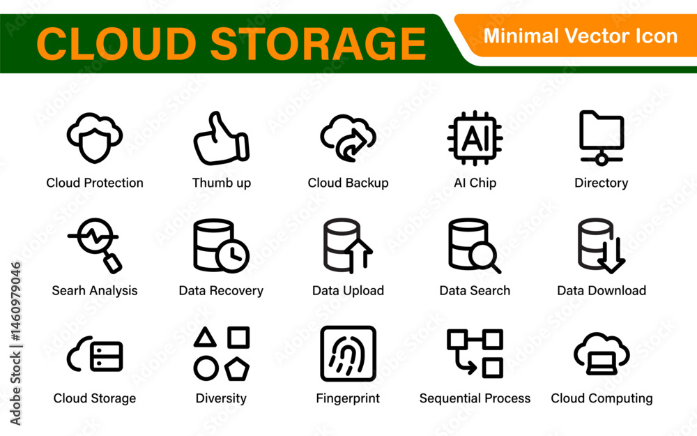 Poster cloud storage backup icon set – minimal outline vector illustrations for secure data, sync, upload, 