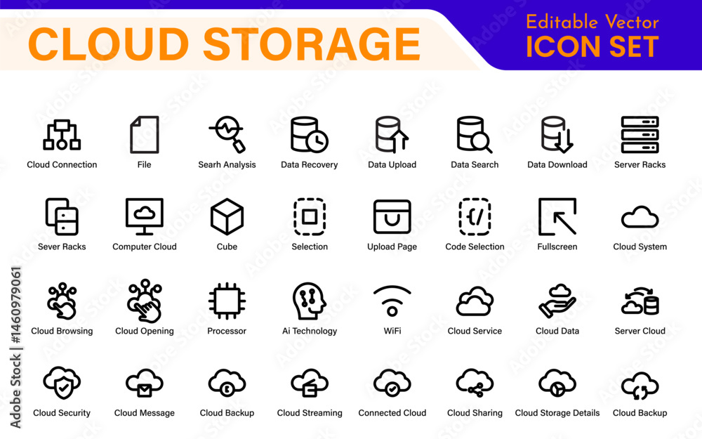 Poster cloud storage backup icon set – minimal outline vector illustrations for secure data, sync, upload, 