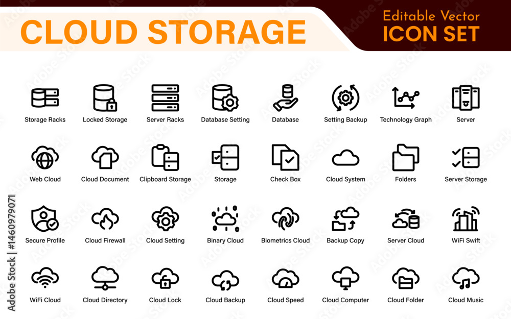 Poster cloud storage backup icon set – minimal outline vector illustrations for secure data, sync, upload, 
