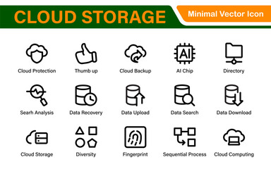 Cloud Storage Backup Icon Set – Minimal Outline Vector Illustrations for Secure Data, Sync, Upload, and File Protection – Modern Line Icons