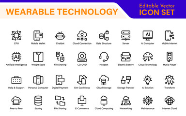 Wearable Technology Icons – Minimal Outline Vector Set for Smart Gadgets, Fitness Trackers, Smartwatches and AR Devices – Line Illustration Pack