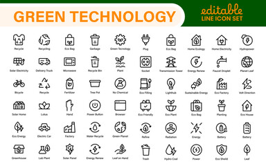 Modern Green Technology Sustainability Icons – Outline, Line Art, and Vector Illustrations for Clean Energy, Recycling, Nature Conservation, and Digital UI