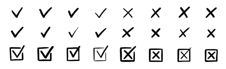Check the mark icon set. Hand drawn doodle checklist correct, cross, ok vote sign element. Hand drawn brush stroke check mark with box, circle symbol icon set. Vector illustration
