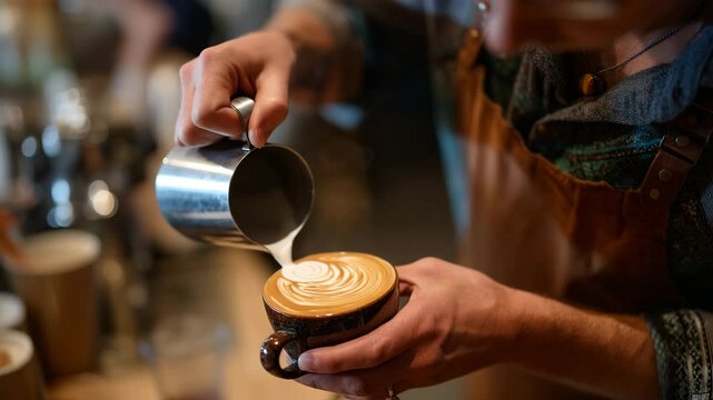 A skilled barista pouring a delicate pattern of milk into a rich coffee, creating beautiful latte art that enhances the coffee experience in an inviting coffee shop.