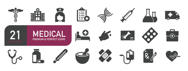Set of glyph solid icons related to medical, healthcare, pharmacy. Glyph solid icons collection. Vector illustration